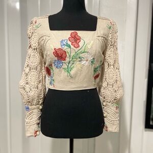 Floral Embroidered Crochet Sleeve Blouse - Beige